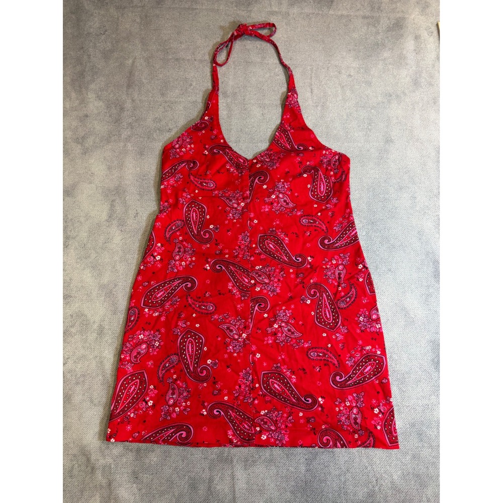 VTG I.L.U. Red Paisley Halter Mini Dress Bandana Print V-Neck Sleeveless Size 11